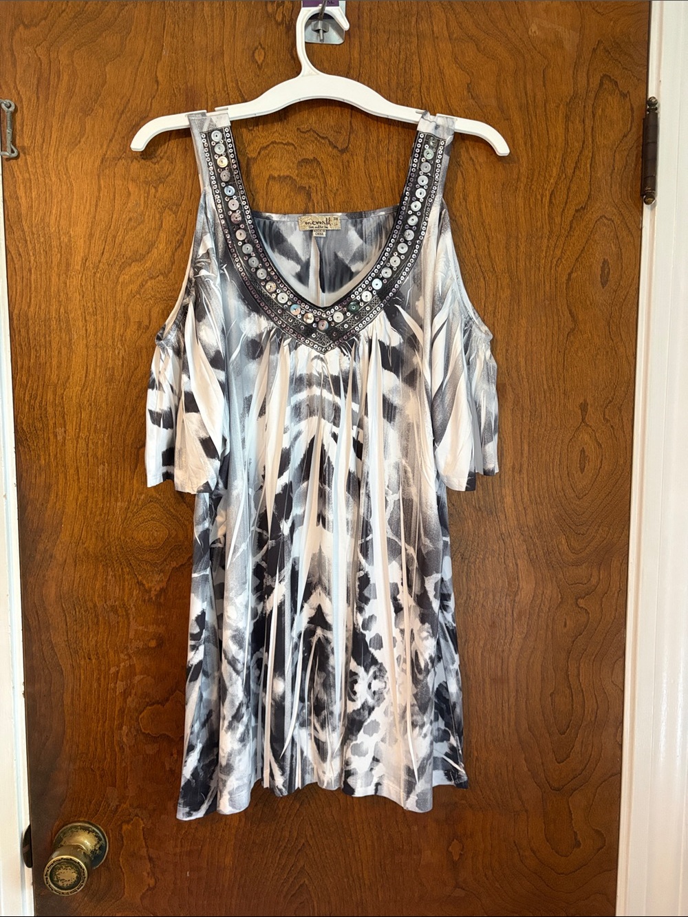 ONE WORLD Black & White Cold-Shoulder Tunic with Beaded Neckline
